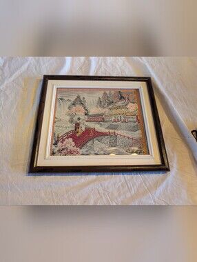 2/60$ Vintage Red, Pink and Cream embroidered/ tapestry Asian Landscape Wall Art